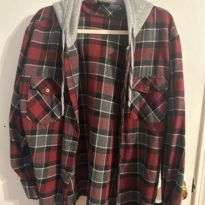 Men's Red and Black Plaid Jacket with Gray Hood